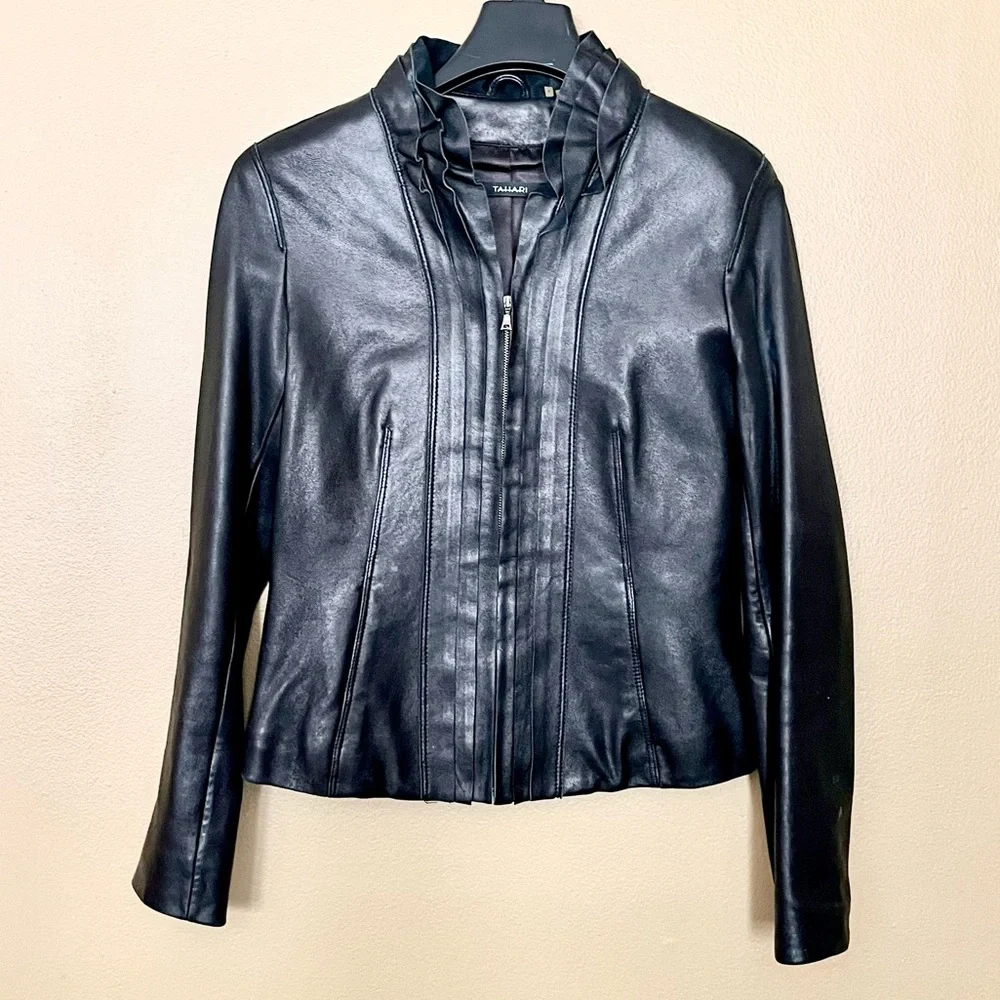 TAHARI 100% Genuine Leather Jacket Blazer Zipper Front Black XS Women - Picture 2 of 14